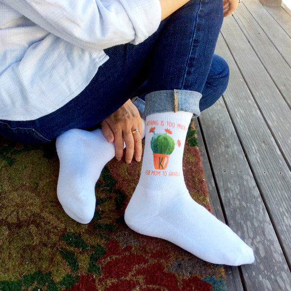 This is an image of "Nothing Is Too Prickly For Mom To Handle" Mother's Day custom printed socks.