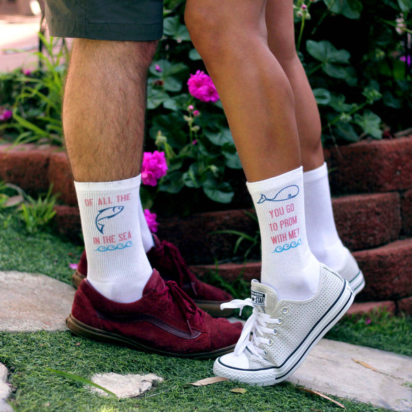 This is an image of "Whale You Go To Prom With Me" promposal custom printed socks.