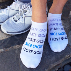 This is an image of custom printed "I Hate Golf I Love Golf" golf socks.