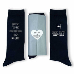 This is an image of Star Wars Inspired Groomsmen Proposal Socks Personalized with a Wedding Date in Assorted Colors.