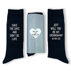 This is an image of Save the Date Personalized Groomsmen Proposal Socks with a Wedding Date in Assorted Colors.