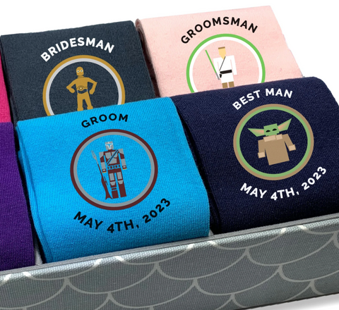 Colorful Starwars-themed Groomsmen sock collection