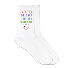 This is an image of I'm Keeping You Valentine's Crew Socks with Couple's Initials.