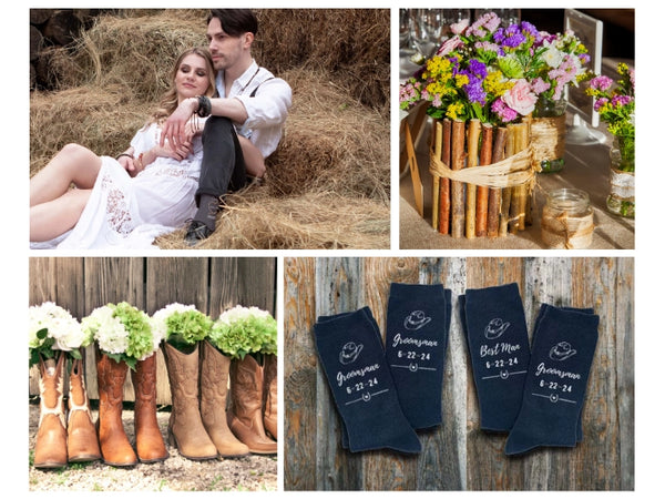 rustic wedding collage with custom socks for the groomsmen