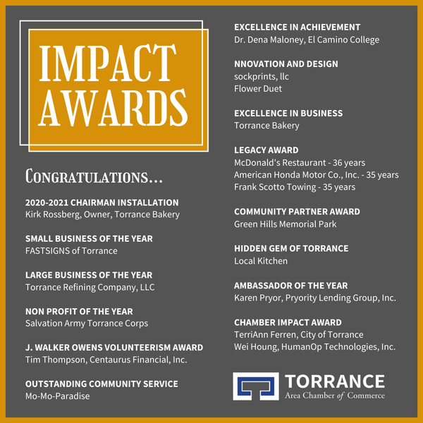 This is an image of a graphic with a list of Impact Award recipients from the Torrance Area Chamber of Commerce.