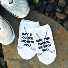 This is an image of custom printed "May The Course Be With You" golf socks.