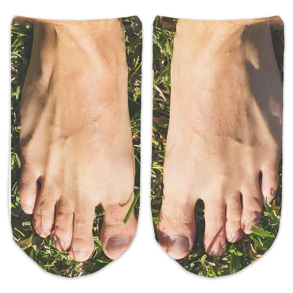 Image of Funny Cotton Footie Socks Printed with Mens Feet in Grass