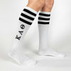 Kappa Alpha Theta sorority letters custom printed on comfy cotton black striped knee high socks