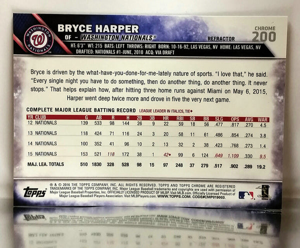 Bryce Harper Refractor 2016 Topps Chrome #200, Nationals, ROY, 2x MVP ...