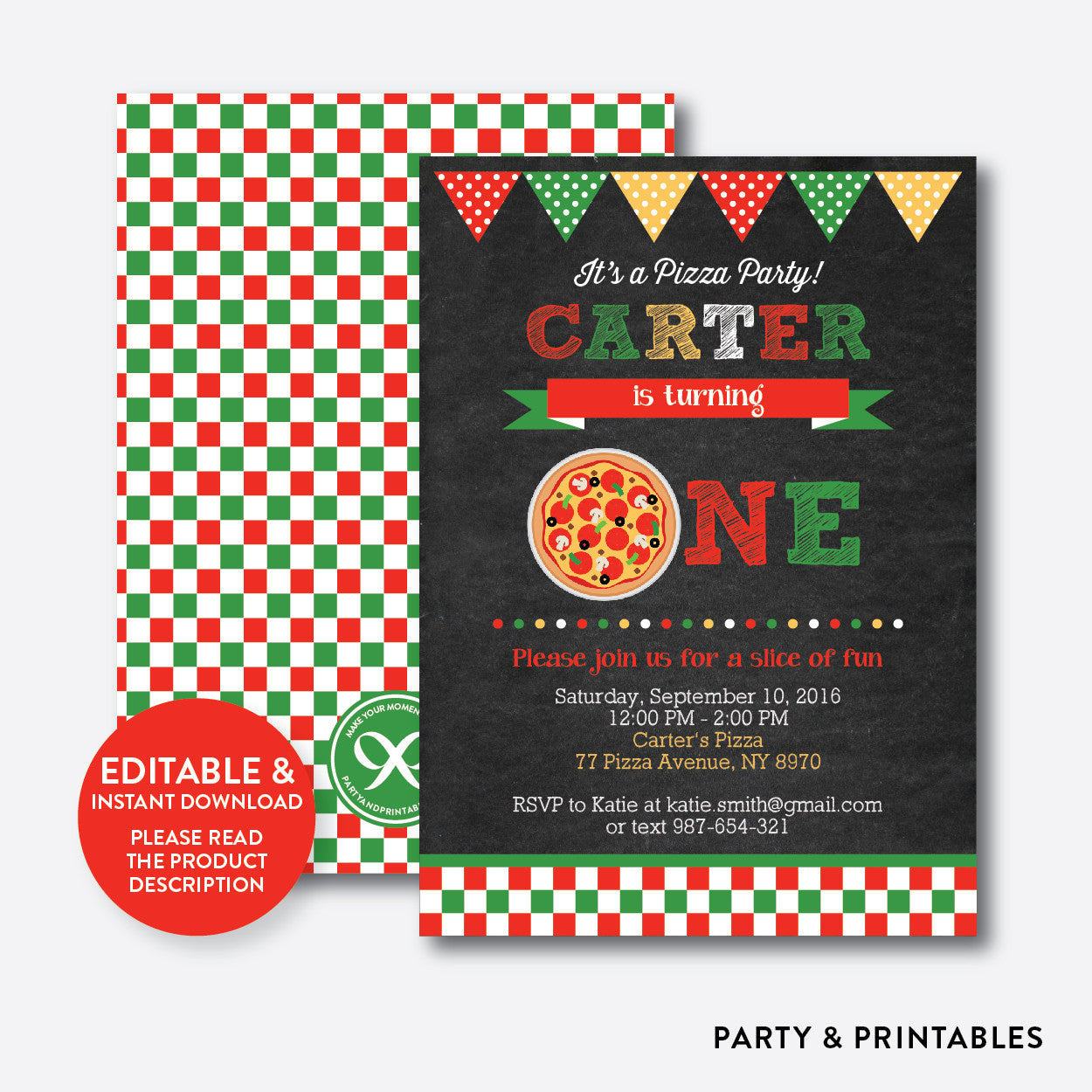 Pizza Chalkboard 1st Birthday Invitation Editable Instant