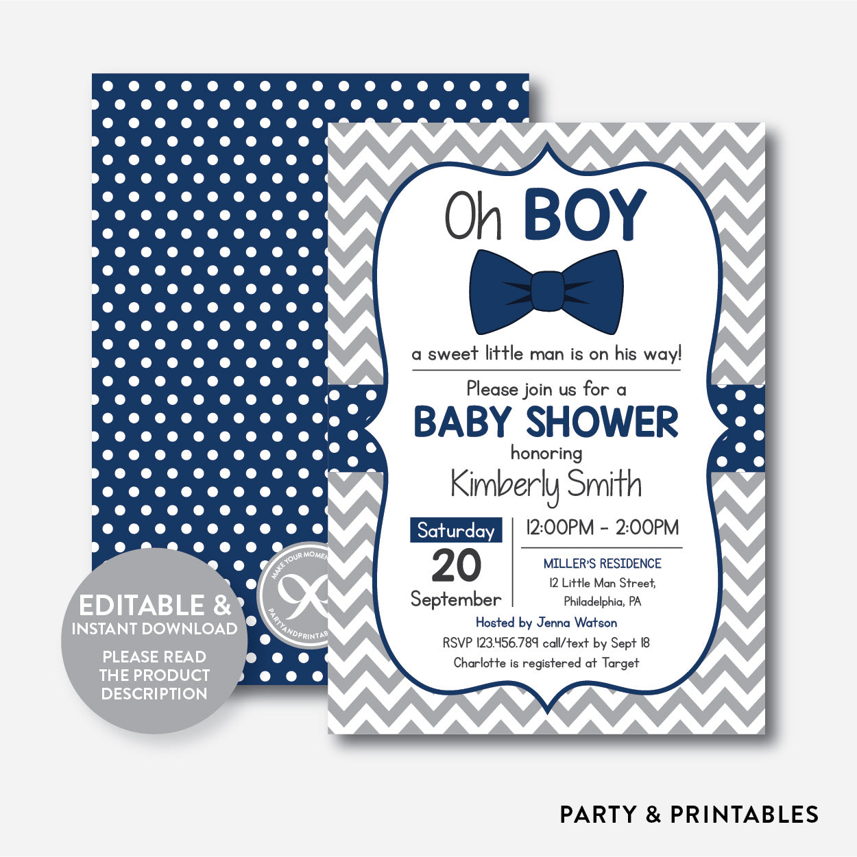 bow tie baby shower invitation / editable / instant download (sbs.27)