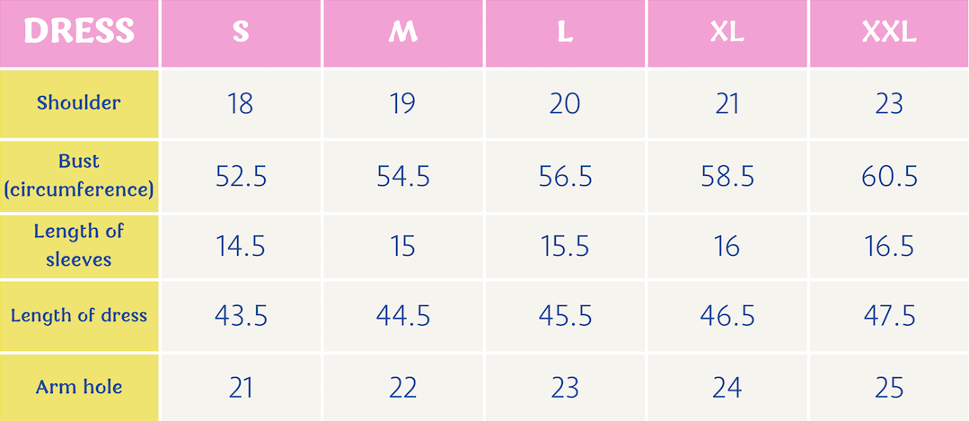 Size chart for Bea Dress