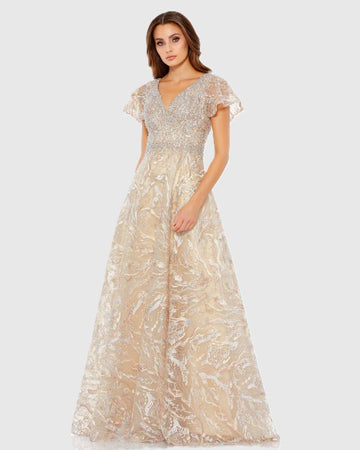Mac Duggal Navy Embellished Illusion Butterfly Sleeve A-Line Gown #20301 Champagne