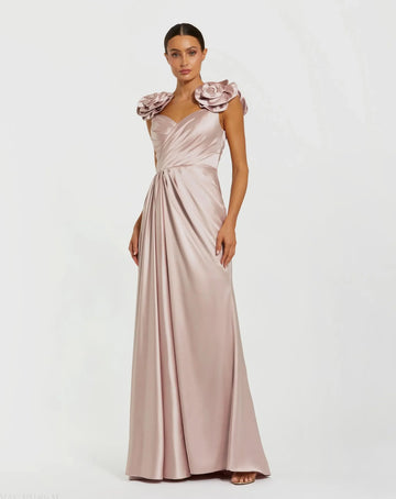 Mac Duggal Pink Satin Faux Wrap Gown With 3D Flower Straps #2299 - Rose 