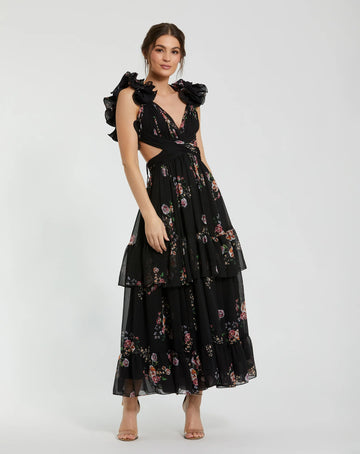 Mac Duggal Red and Pink Ruffle Tiered Cut-Out Chiffon Midi Dress #56054 Black Multi |