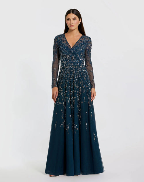Mac Duggal Twilight Embellished Wrap Over Illusion Long Sleeve A Line Gown Navy #9131