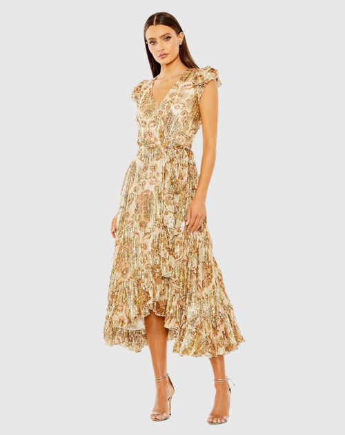 Mac Duggal Flutter Sleeve Floral Dress with Wrap Detail Cream #9319 
