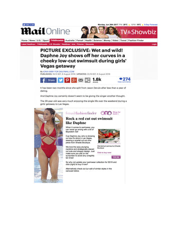 Daphne Joy wearing the Wanderlust Red Cut out swimsuit seen in the Daily Mail UK