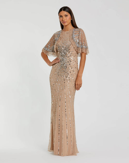 Mac Duggal Beige Embellished Mesh Fitted Gown With Capelet #23044 Nude Silver 