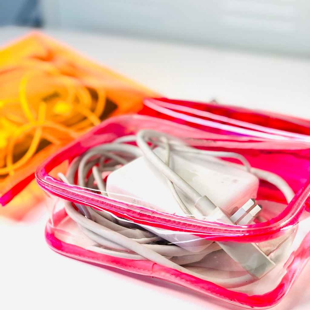 Wires and cables in clear make up bag