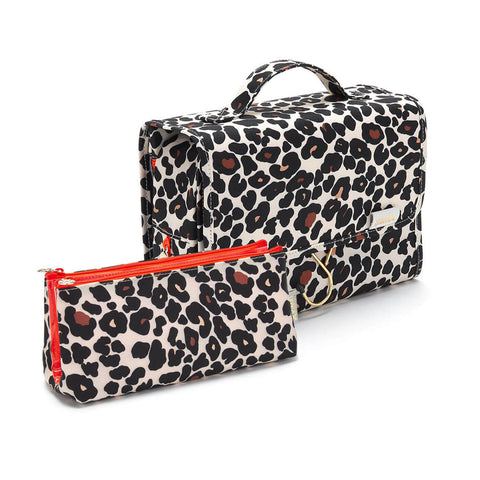 Hanging wash bag in leopard print and folding makeup bag in leopard print gift set for women