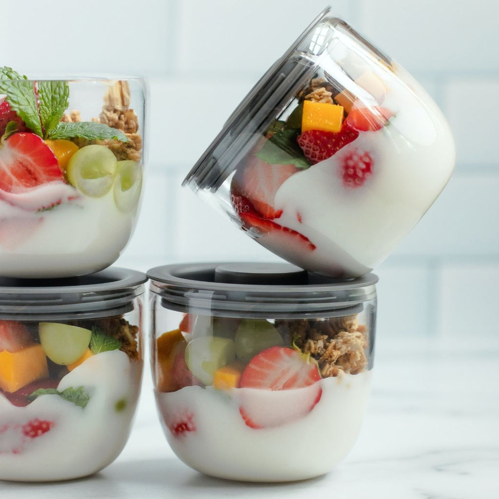 Glass jars of yoghurt and fruit for How to get organised this month July