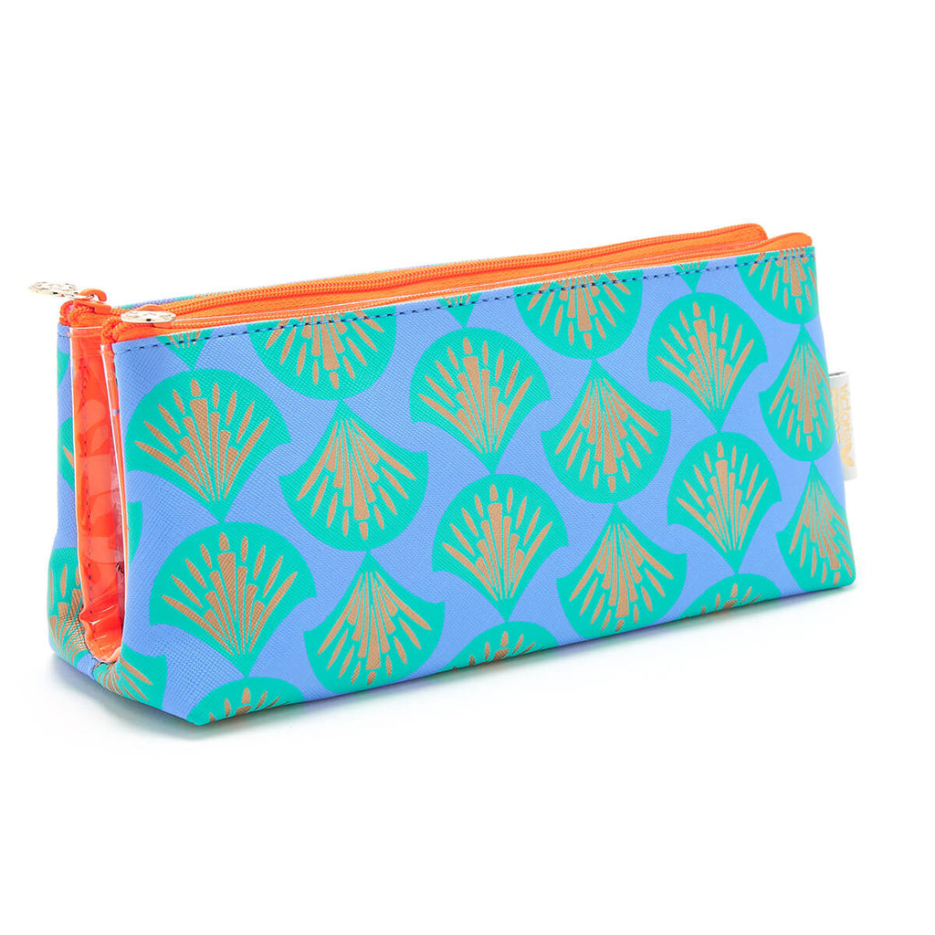 folding make up bag in blue shell print