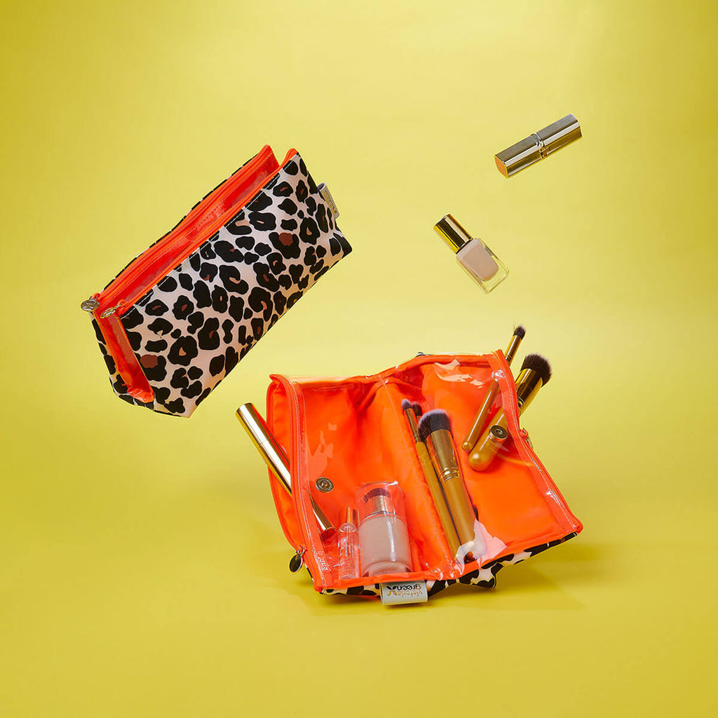 makeup bag with compartments in leopard tan print