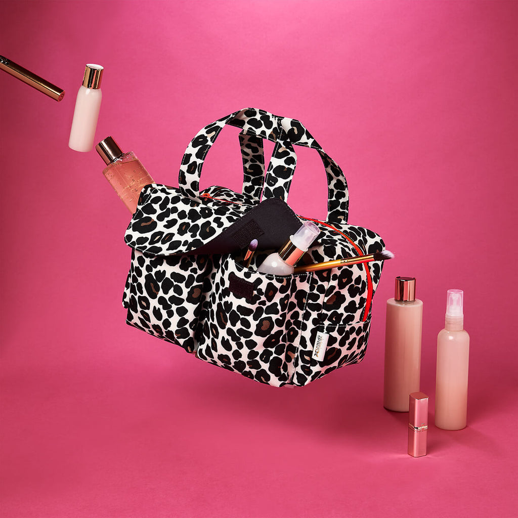 iris carry all wash bag in leopard tan with beauty products