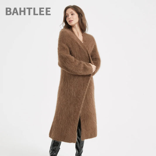 BAHTLEE Women's Super Long Alpaca Wool Cardigan - V-Neck Knitted Winter Jacket