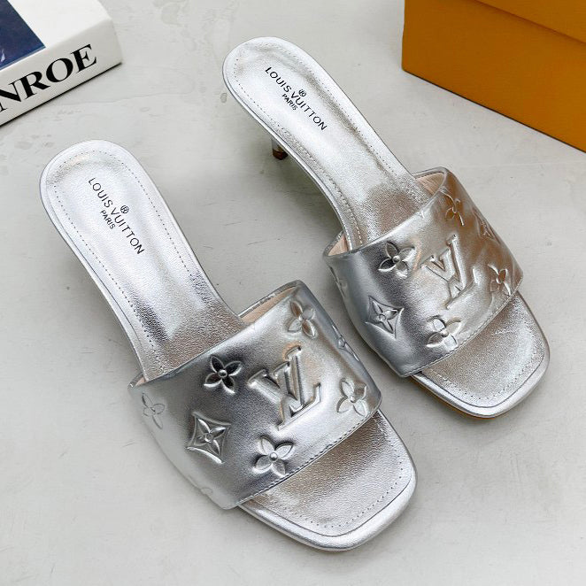 LV Louis Vuitton Women Classic Embossing Sandals Shoes Slippers High Heeled Shoes Heel 6.5cm