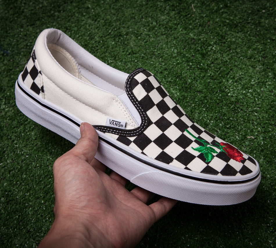 Vans Slip-On Canvas Rose Embroidery Tartan Sneakers Sport Shoes