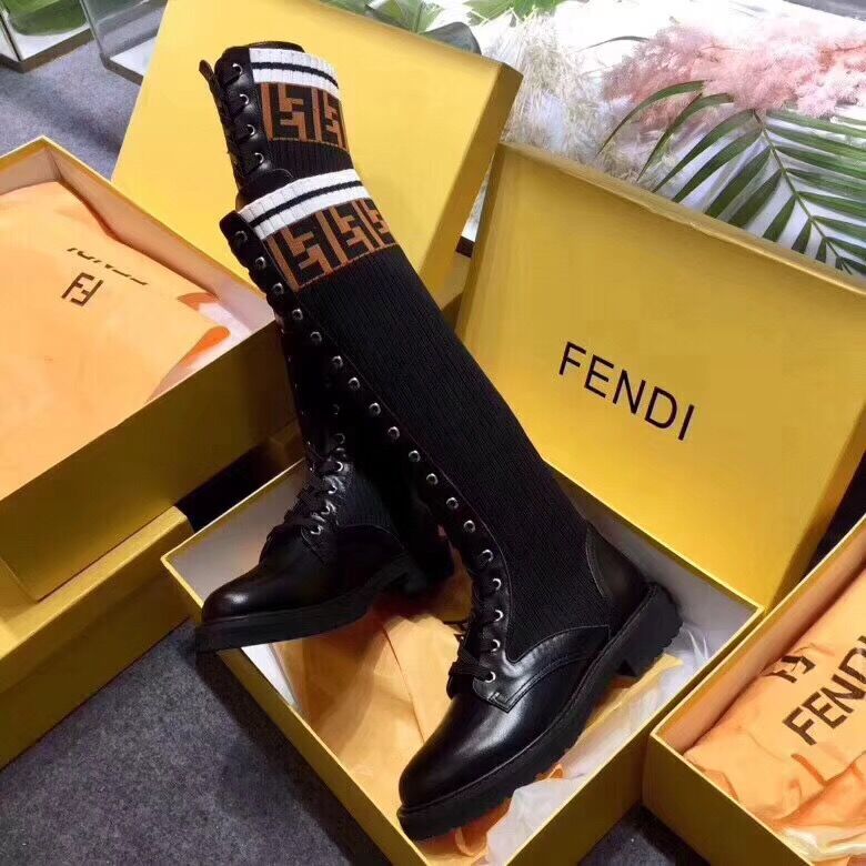 Fendi Women Fashion Leather High Boots Low Heeled Shoes