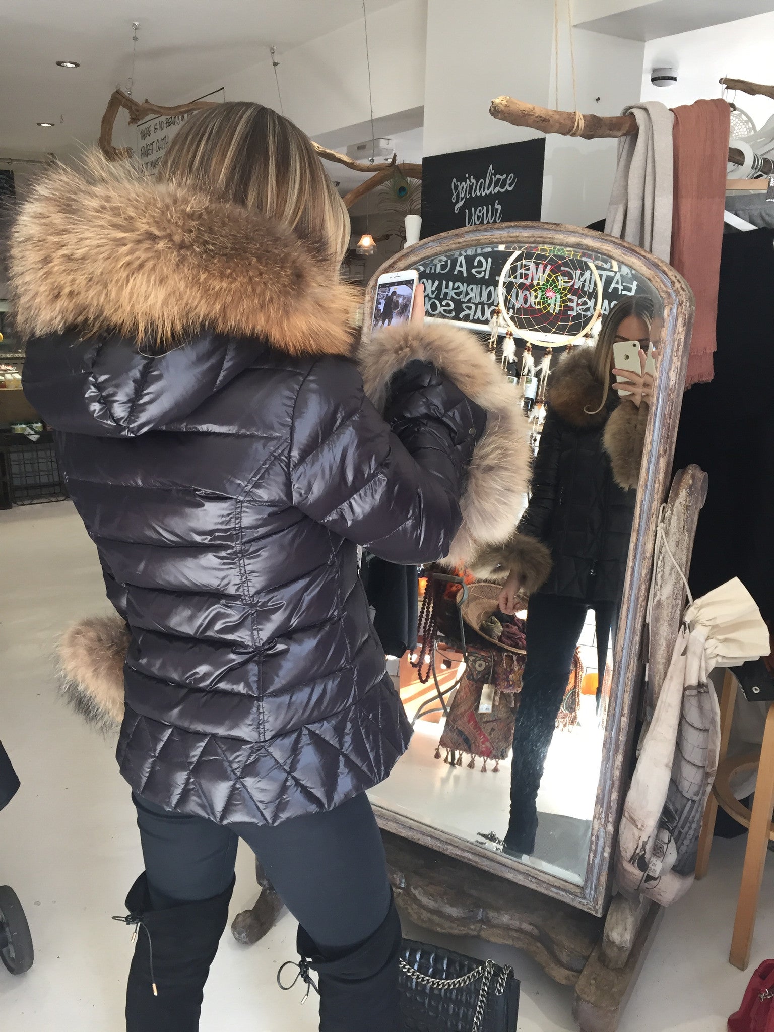 coat with fur hood and fur cuffs