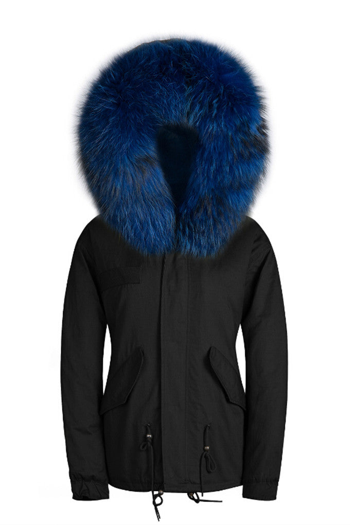 black jacket with blue fur hood