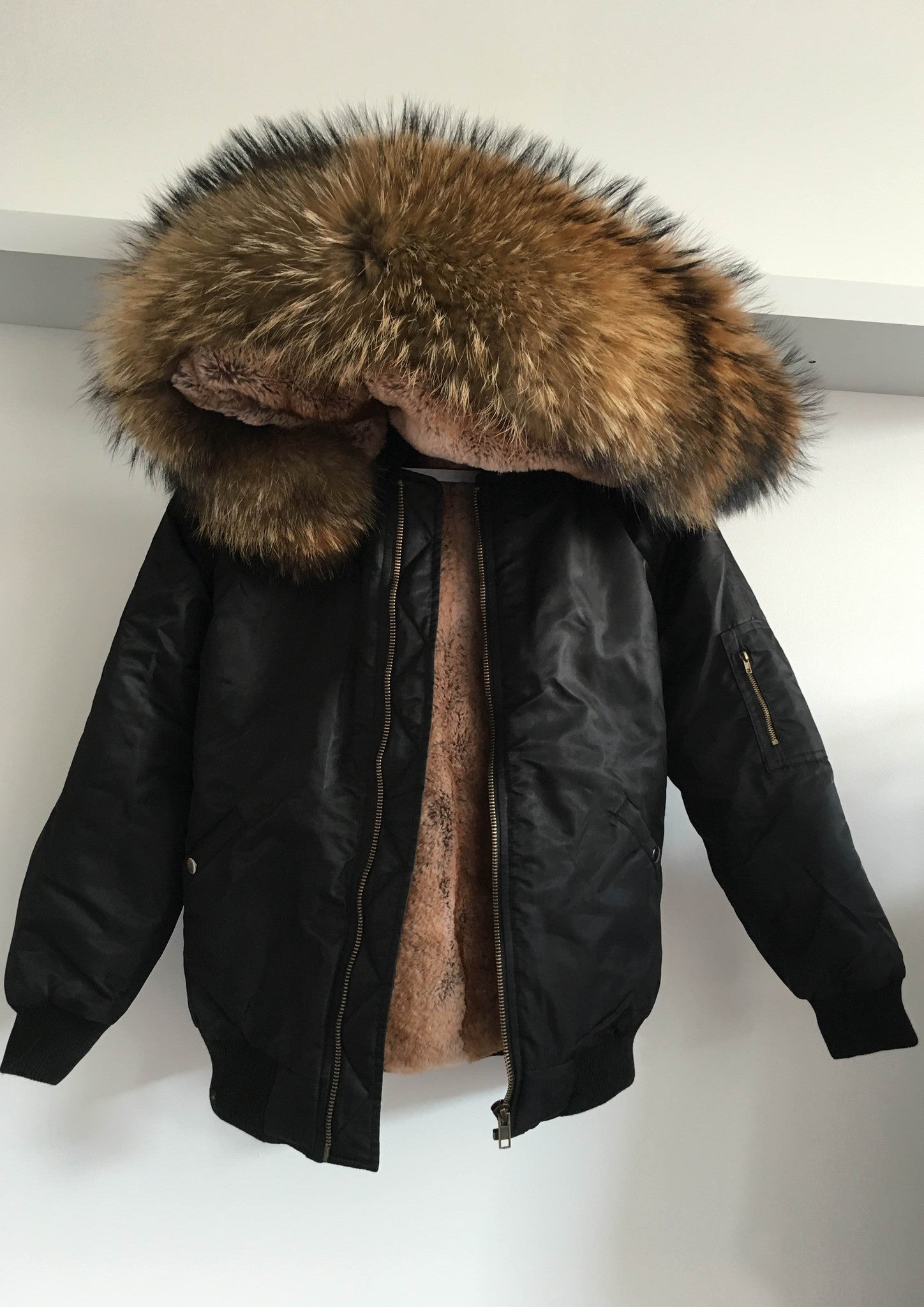 Black Bomber with Natural Raccoon Fur Hood - The Fashion Dollz
