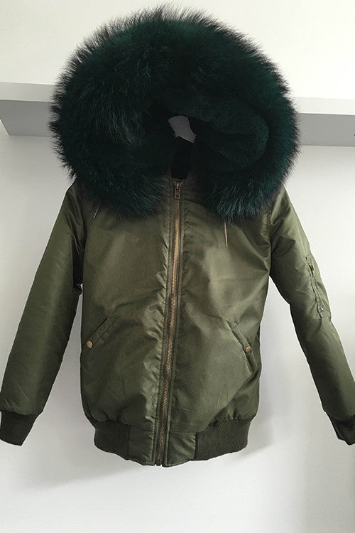 green bomber jacket with fur hood