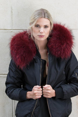 red bomber jacket with fur hood