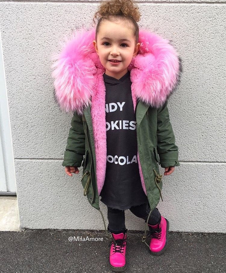 green jacket with pink fur hood