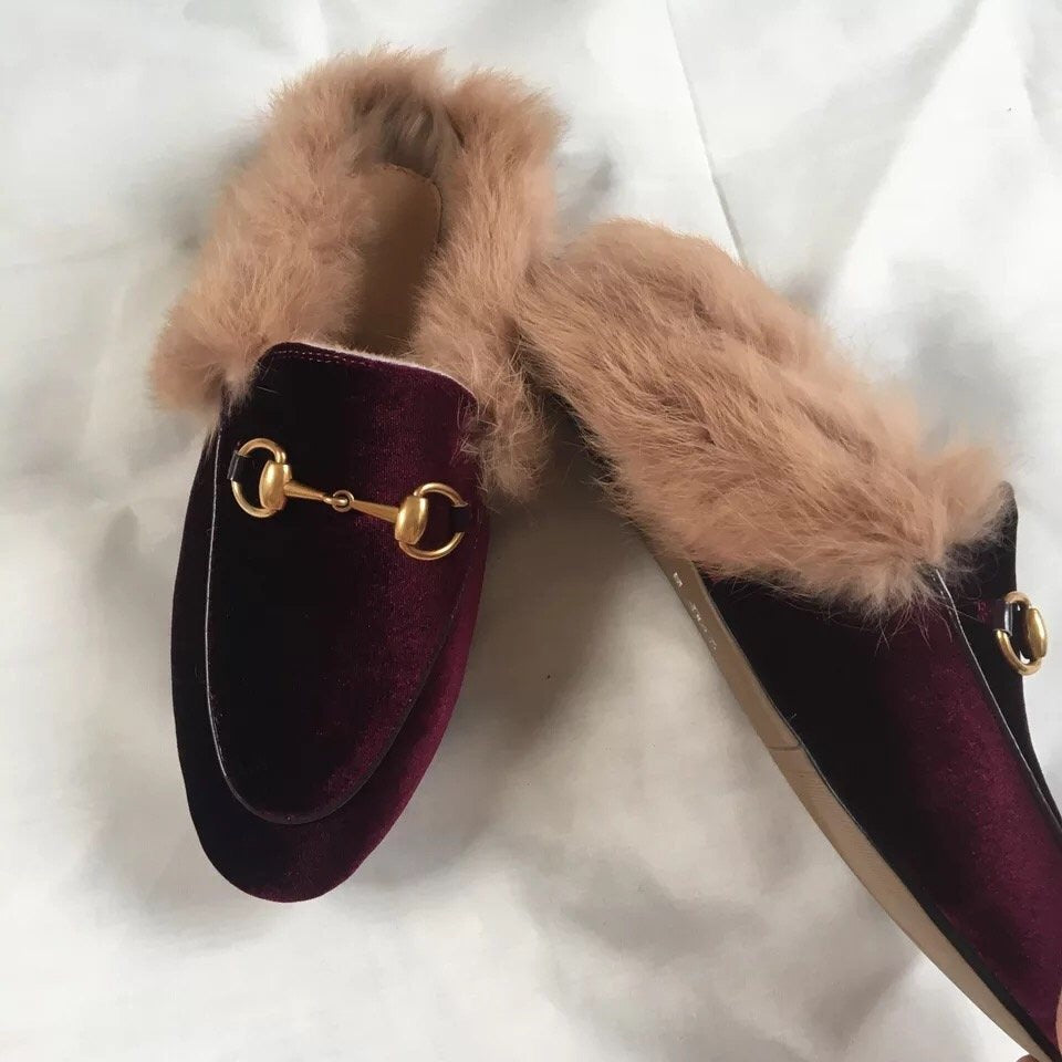 velvet fur mules