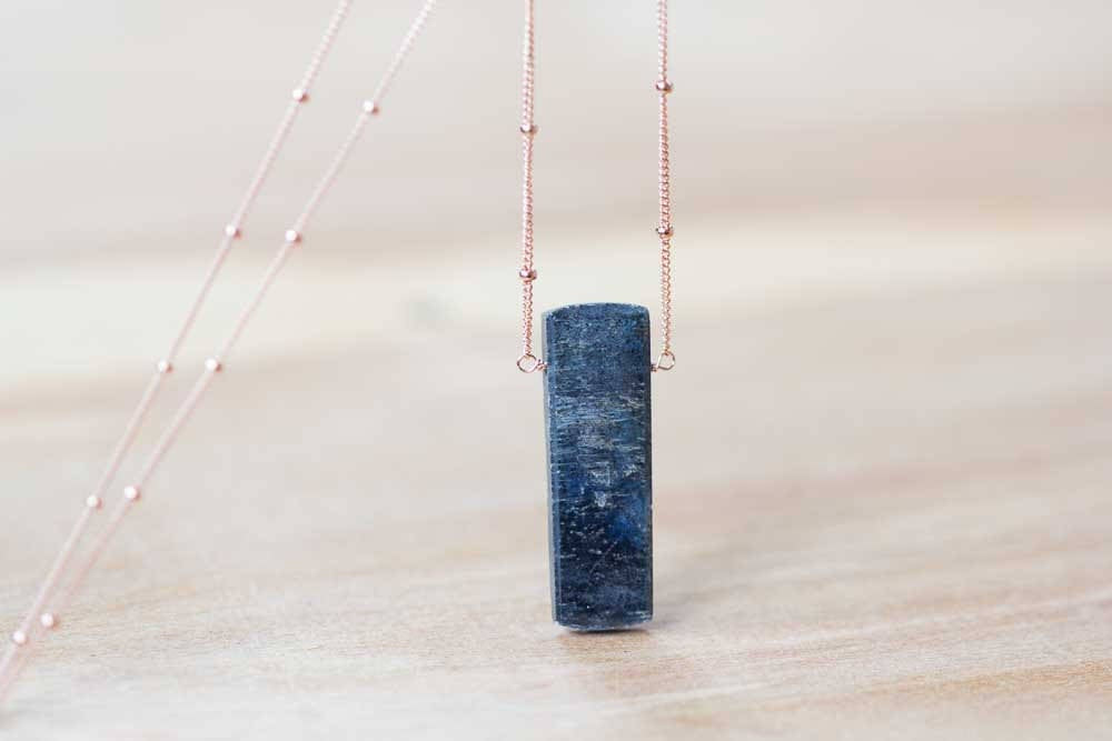 Kyanite Necklace on Satellite Chain, Rose Gold Fill, Oxidized Silver or Sterling Silver, Blue Kyanite Jewelry, Blue Gemstone Pendant