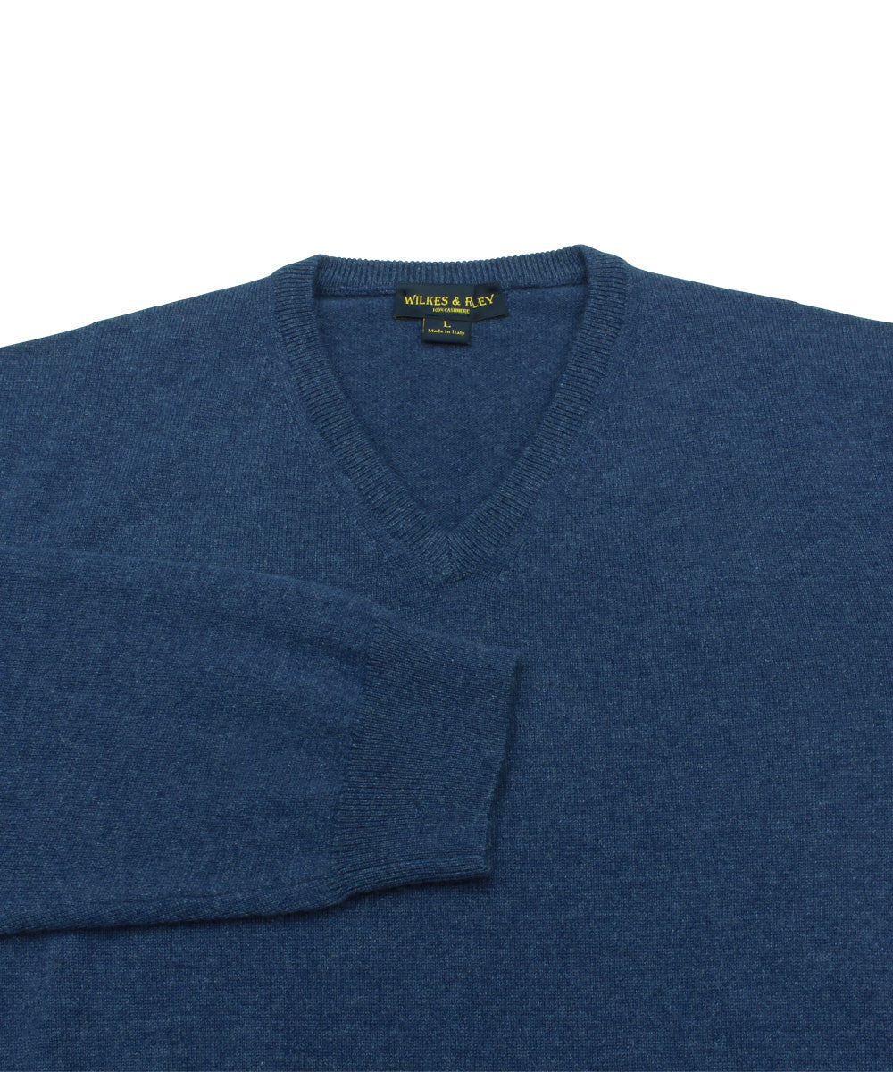 100% Cashmere V-neck Sweater w/ Loro Piana Yarn in Blue – Wilkes & Riley