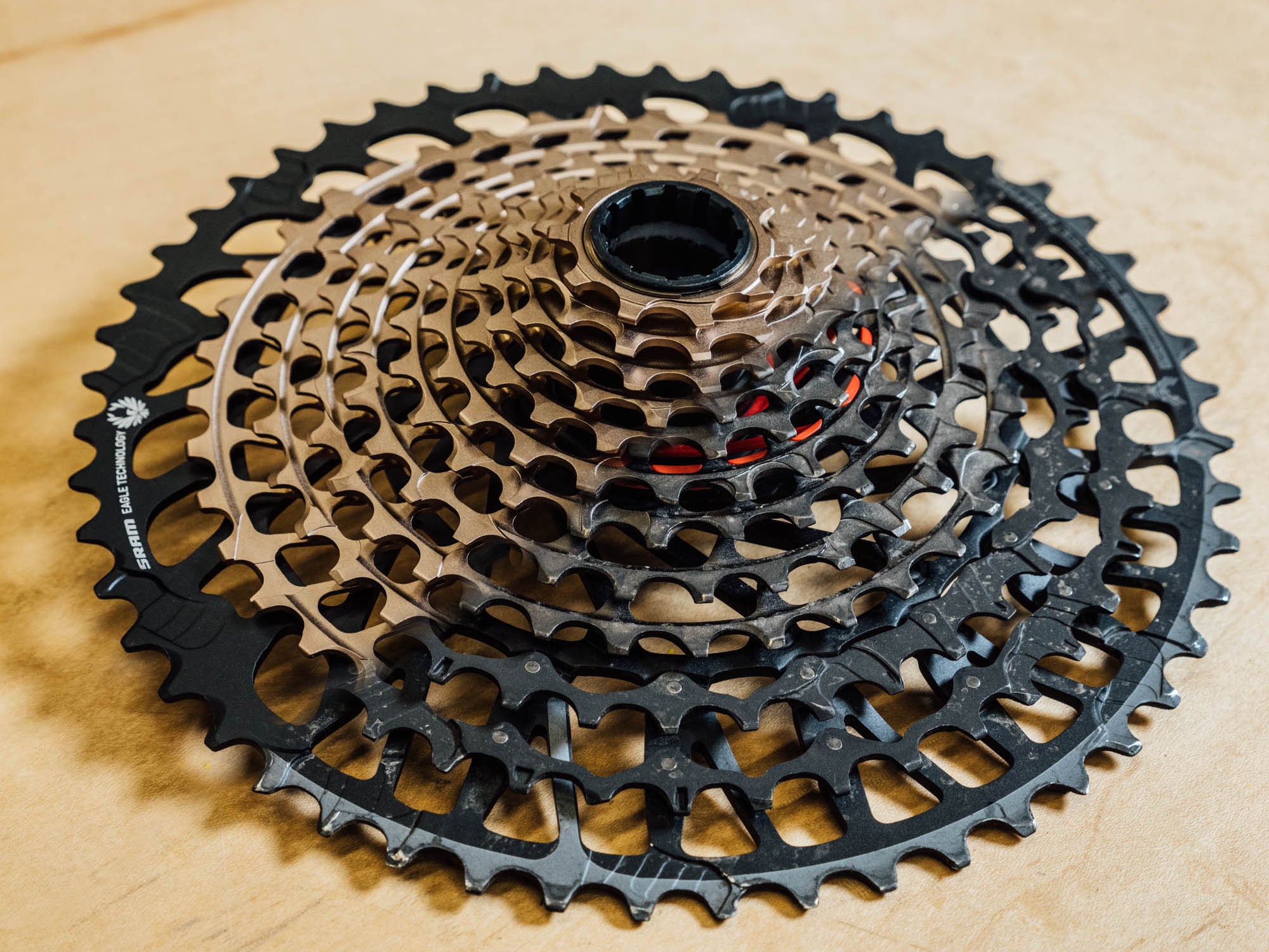 Note the greater number of shift ramps on the new X0 cassette (right) versus a typical Eagle cassette (left).