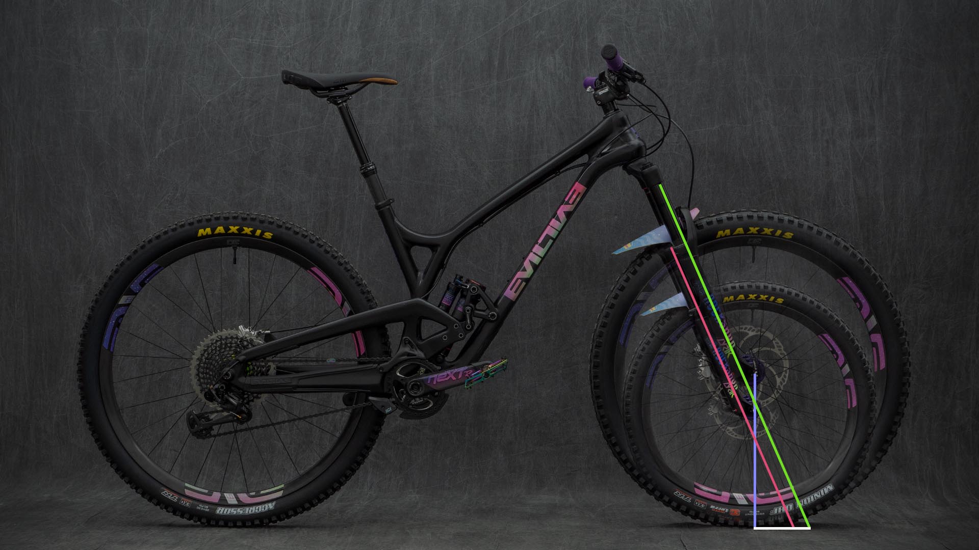 A larger wheel = more trail. Shown on a custom built Evil Offering.