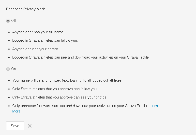 STRAVA private security setting