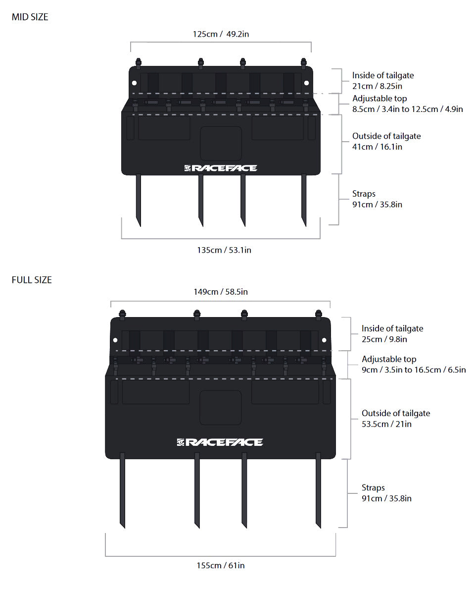 Race Face T2 Tailgate Pad Sizing Chart