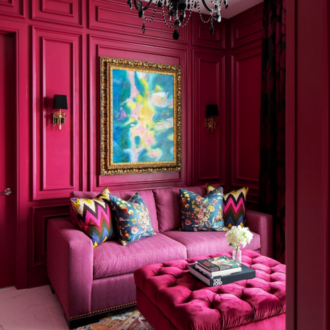 Lisa Gilmore's design of a Raspberry color-drenched room. Design Trend 2024, Bold and Beautiful. Modern Maximalism.