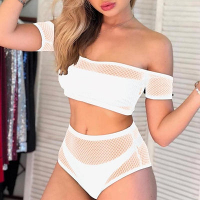 off the shoulder fishnet overlay bikini set