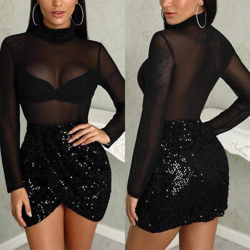 black mesh sequin dress