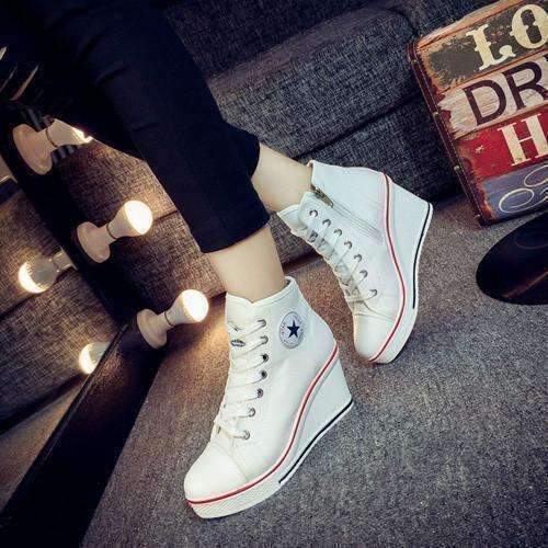 Casual Lace Up Canvas High Heel Women Shoes